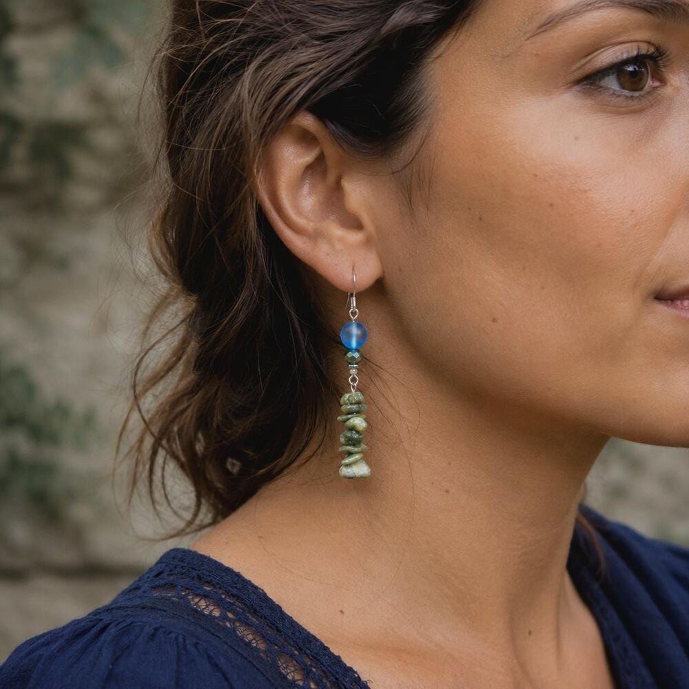Aqua Blue Glass & Green Serpentine Dangle Earrings - Picture 4 of 13